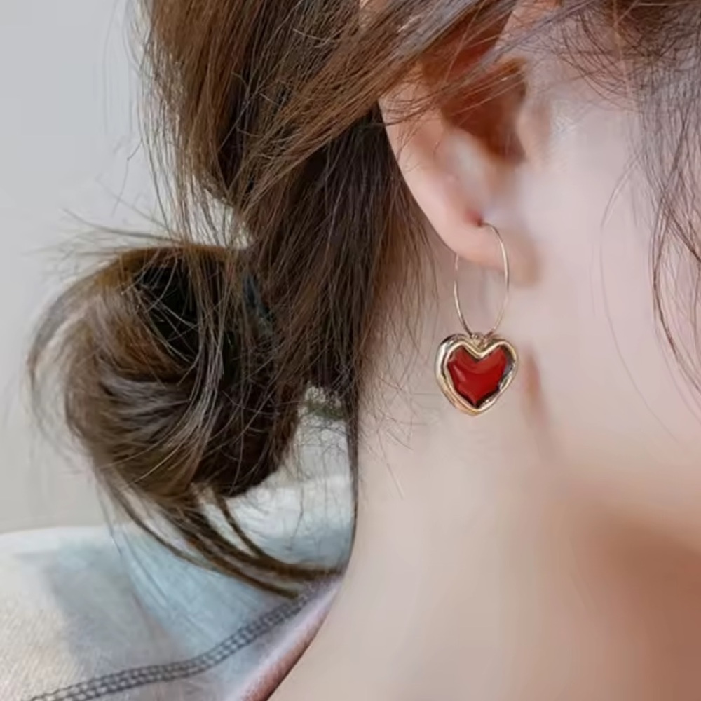 Red Heart Drop Earrings – Gold Tone Romantic Statement Earrings - Picture 2 of 5